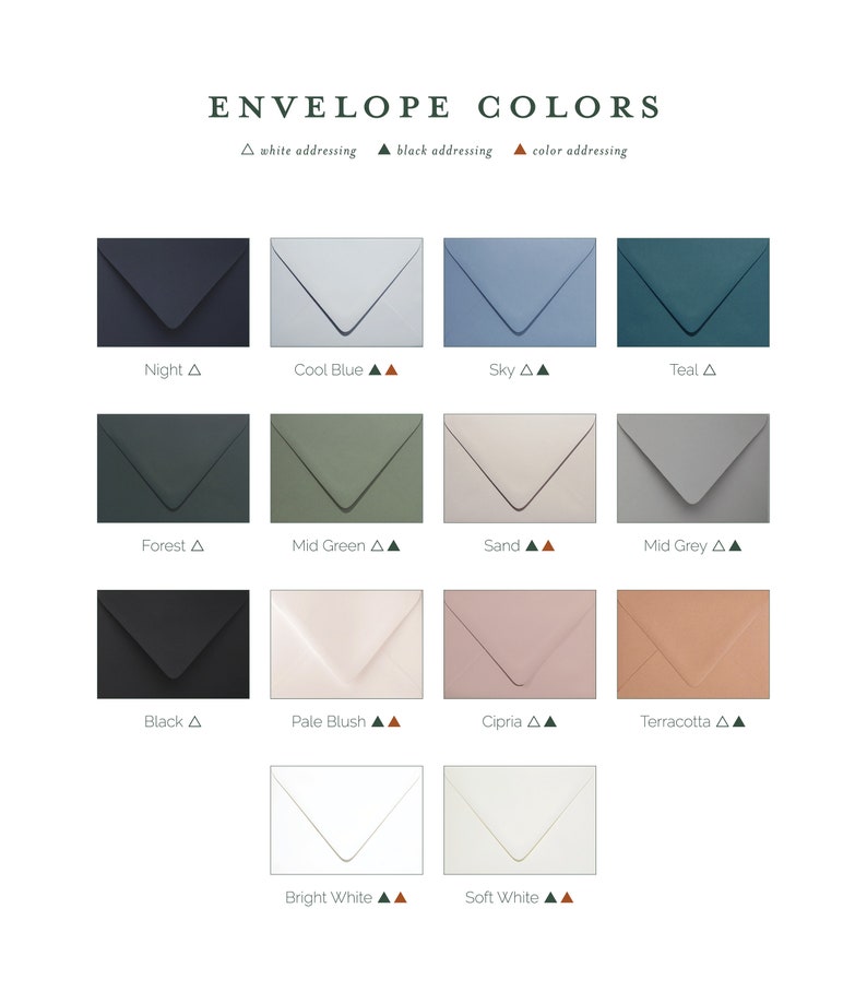 May include: A chart showing 12 different envelope colors with the names of each color listed below. The colors include: Night, Cool Blue, Sky, Teal, Forest, Mid Green, Sand, Mid Grey, Black, Pale Blush, Cipria, Terracotta, Bright White, and Soft White.