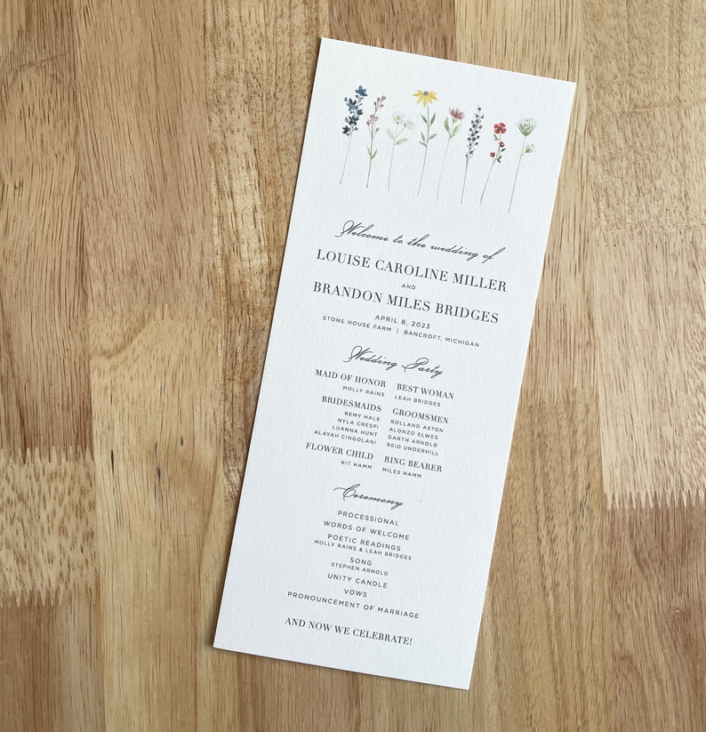 Wildflower Row Wedding Program Printed Ceremony Order of Service Card Simple Elegant Watercolor Open Air Paper image 2