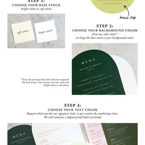 Puede incluir: Imagen que muestra los pasos para la impresi&oacute;n personalizada. Paso 1: Elegir el papel base, con muestras de blanco suave y blanco brillante. Paso 2: Elegir el color de fondo. Paso 3: Elegir el color del texto. Incluye ejemplos de men&uacute; y muestras de color.
