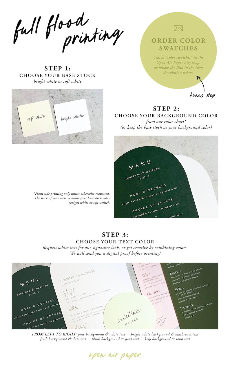 Puede incluir: Imagen que muestra los pasos para la impresi&oacute;n personalizada. Paso 1: Elegir el papel base, con muestras de blanco suave y blanco brillante. Paso 2: Elegir el color de fondo. Paso 3: Elegir el color del texto. Incluye ejemplos de men&uacute; y muestras de color.