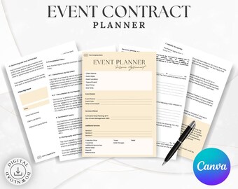 Plantilla de contrato editable para organizadores de bodas, acuerdo personalizado con el cliente (enlace a Canva, PDF listo para imprimir, formularios de planificación de eventos).