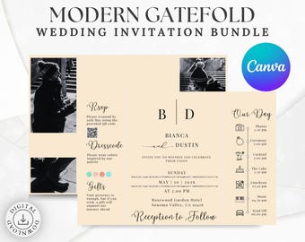 Gatefold QR Code Wedding Invitation | Modern Minimalist Wedding Invite | Editable Canva | Printable PDF | Digital Download