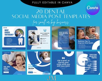 Plantillas para redes sociales de dentistas: Publicaciones personalizables en Canva, kit de marca dental / 20 diseños editables, marketing en Instagram, fácil de usar.