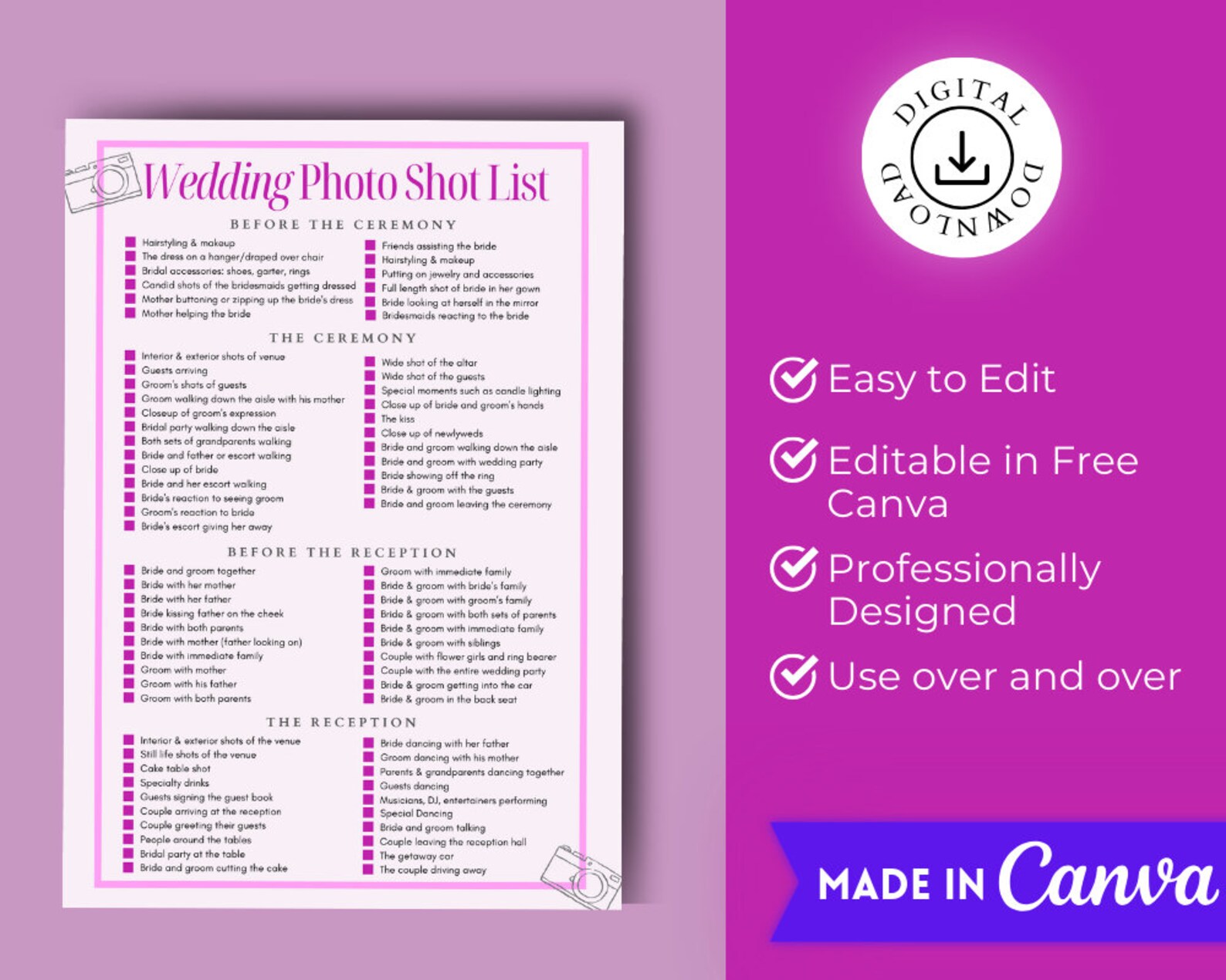 Photography Checlist Example Wedding Shot List Editable Planner, Custom Canva Template, Printable ...