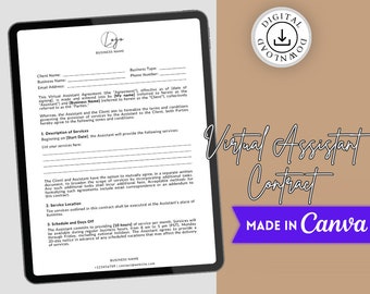 VA Vertragsvorlage Freiberufliche Vereinbarung: Dienstvertrag für virtuelle Assistenten, bearbeitbares Canva Design (PDF-Download, anpassbar)