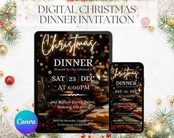 May include: Digital Christmas Dinner invitation displayed on a tablet and smartphone. The invitation features the text "Christmas Dinner" in a glowing script, with event details and a Canva logo.