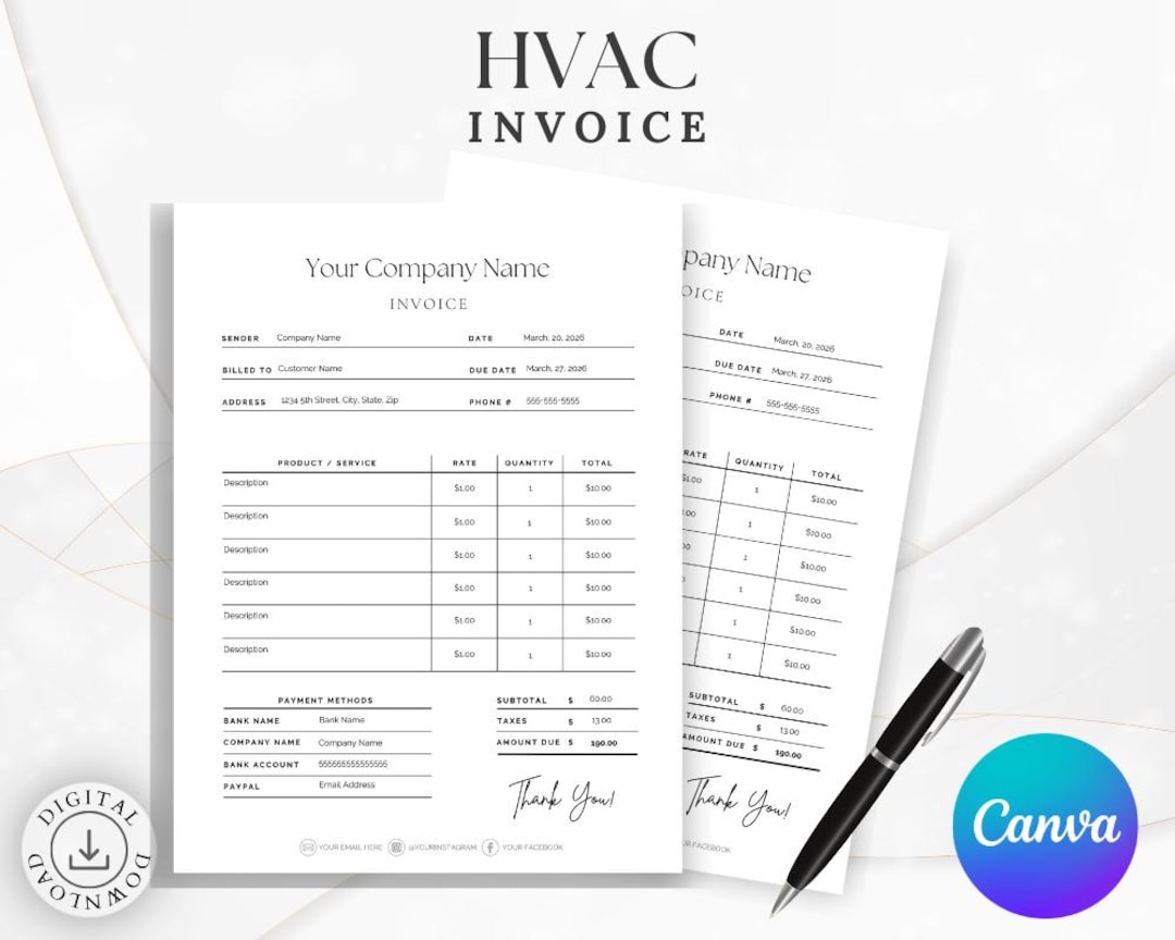 Hvac Template Editable Invoice: Contractor Billing Form, Printable PDF ...