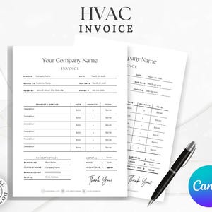 May include: A black and white printable invoice template for HVAC businesses. The template includes sections for the business name, invoice number, date, due date, phone number, customer name, address, product/service, rate, quantity, total, subtotal, taxes, and amount due. The template also includes a section for payment methods, including bank name, bank account, PayPal, and a thank you message.