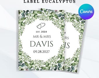 Plantilla de etiqueta para vino de boda: Diseño elegante de eucalipto - Editable en Canva, detalle rústico para bodas, descarga digital