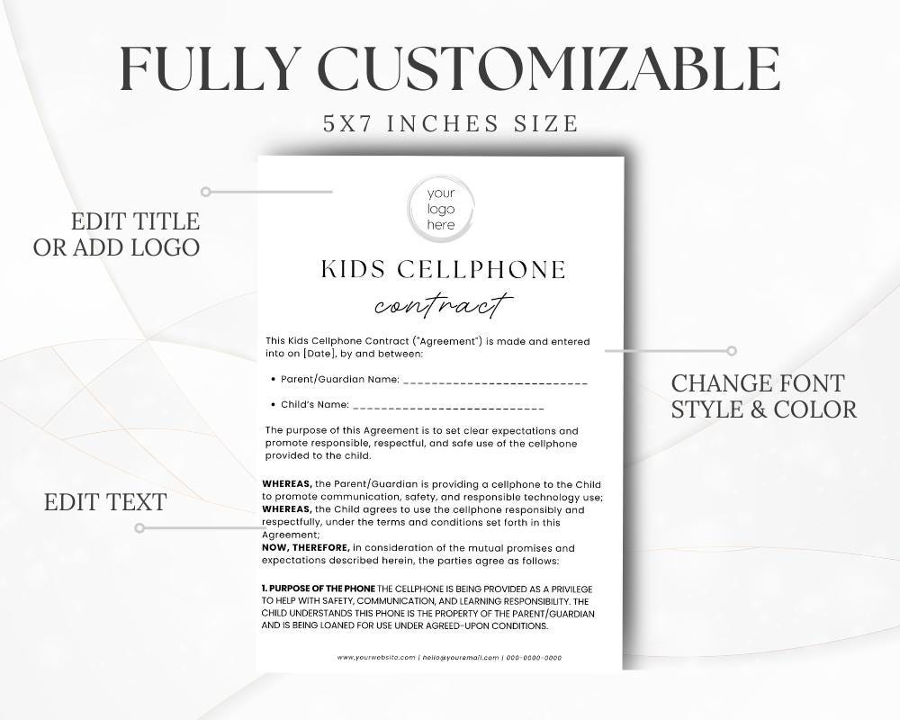 Cell Phone Contract for Teens and Kids – Printable & Editable Agreement ...