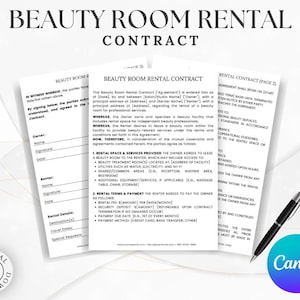 May include: A black and white printable contract for renting a beauty room. The contract includes sections for the owner and renter to sign, as well as details about the rental space and services provided. The contract also includes information about rental terms and payment.