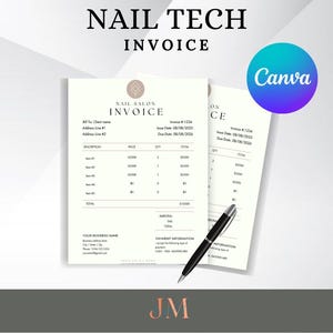 May include: A printable nail salon invoice template with a minimalist design. The template includes sections for billing information, description, price, quantity, total, subtotal, tax, payment information, and your business name. The template is designed to be used with Canva.