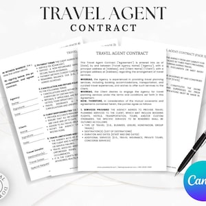 May include: A black and white printable travel agent contract form with the title "Travel Agent Contract" and the text "In Witness Whereof, the parties first written above, by signing below, the parties understand and agree to this Contract."