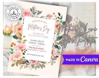 Brunch Invitation Editable Template: Mother's Day Party Invite, Customizable Canva Design (Instant Download, 1080x1080px)