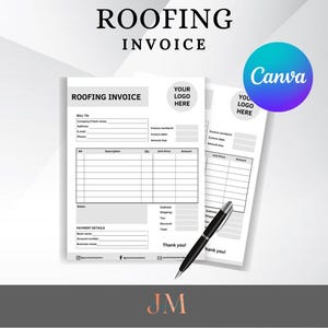 May include: A black and white printable roofing invoice template with the text "ROOFING INVOICE" at the top. The template includes sections for billing information, item descriptions, quantity, unit price, amount, subtotal, shipping, tax, discount, and total. It also includes a section for payment details.