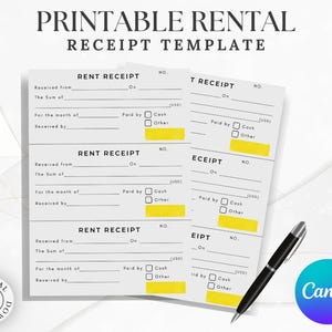 Op de afbeelding: Afdrukbare huurkwitantiesjabloon met de tekst "Printable Rental Receipt Template" bovenaan. Het ontwerp bevat meerdere huurkwitanties met invulvelden en een zwarte pen. De kwitanties hebben geel gemarkeerde secties en het Canva-logo.