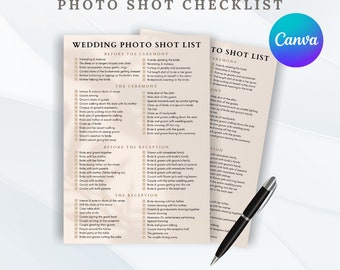 May include: A printable wedding photo checklist with a list of shots to take before, during, and after the ceremony and reception. The checklist is divided into three sections: Before the Ceremony, The Ceremony, and Before the Reception. The checklist is designed to help couples capture all the important moments of their wedding day.