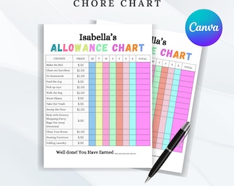 Può includere: Un colorato schema delle faccende domestiche intitolato "Allowance Chore Chart" con il nome "Isabella's" in alto. Lo schema include un elenco di faccende, prezzi e colonne per ogni giorno della settimana. Una penna nera è appoggiata sullo schema.