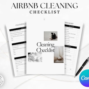 Pode incluir: Uma lista de verificação de limpeza imprimível em preto e branco para anfitriões do Airbnb. A lista de verificação inclui seções para uma vez por mês, 3-5 dias e tarefas de limpeza diárias. A lista de verificação também inclui seções para quartos, banheiros e cozinhas. A lista de verificação foi projetada para ajudar os anfitriões a manter suas propriedades limpas e organizadas.