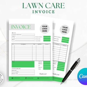 May include: A printable lawn care invoice template with a green and gray color scheme. The template includes sections for billing information, itemized services, payment details, and a thank you message. The template is designed for use with Canva.