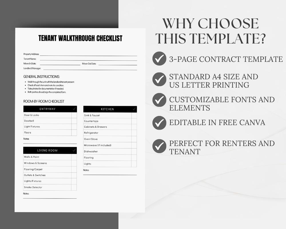 Tenant Check In Form Tenant Walkthrough Checklist Digital, Rental Inspection Form, Move in ...