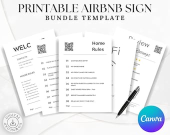 Paquete de plantillas de letreros para Airbnb: Elementos esenciales para alquileres vacacionales, letreros de bienvenida editables (PDF imprimible, enlace a Canva, tamaño A4)