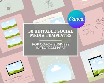 Puede incluir: Un conjunto de 30 plantillas de redes sociales editables para publicaciones de Instagram de negocios de coaching. El diseño presenta un logotipo de Canva, varios gráficos y elementos de texto sobre un fondo rosa y verde. Incluye maquetas de portátiles, tabletas y teléfonos.