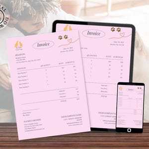 Può includere: Modello di fattura rosa con impronte di zampe e un design a forma di cuore. La fattura è per un toelettatore per animali domestici e include una sezione per i servizi, la quantità, la tariffa e il totale parziale. La fattura include anche una sezione per il metodo di pagamento e le informazioni di contatto.