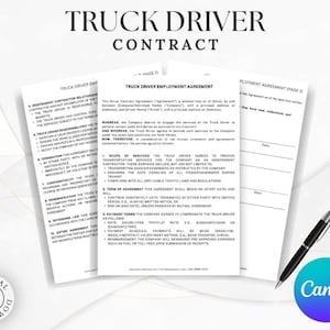 Puede incluir: Una plantilla de contrato de conductor de camión imprimible en blanco y negro con el título "Contrato de conductor de camión" en la parte superior. El contrato incluye secciones para la relación de contratista independiente, las responsabilidades del conductor de camión, el alcance de los servicios, el plazo del contrato, las condiciones de pago y la ley aplicable.