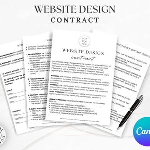 May include: A website design contract template with the text "Website Design Contract" in a bold, black font. The contract includes sections for governing law, agreement acceptance, payment terms, project timeline, revisions and approvals, client responsibilities, and services provided. The contract is designed to be used by website designers and their clients.