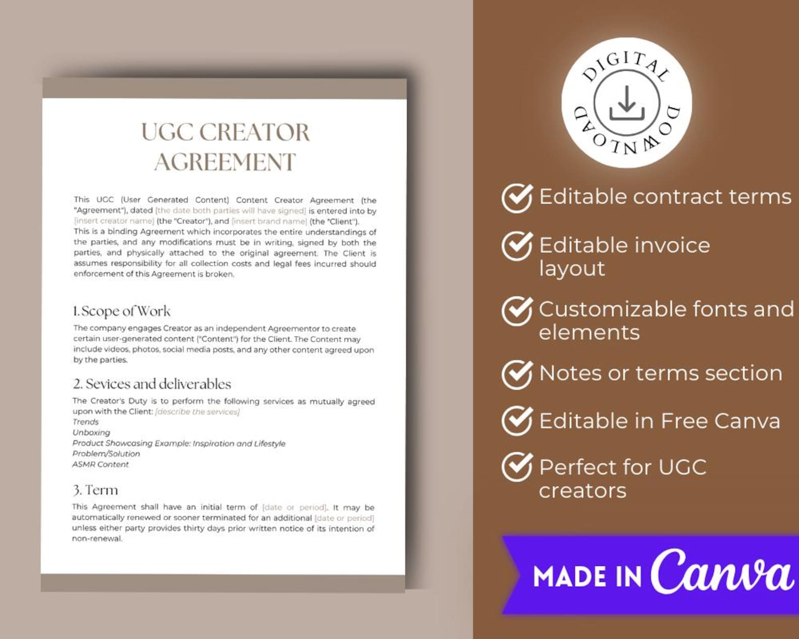 UGC Creator Contract Template - Editable UGC Agreement - User Generated ...