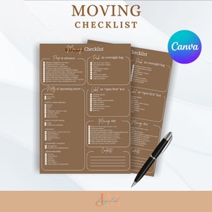 May include: A brown checklist with the title "Moving Checklist" and sections for "Prep in advance", "Pack an overnight bag", "Nifty of upcoming move", "Label an "open first" box", and "Moving day".