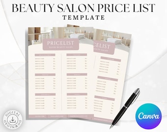 Salon Price List Editable Beauty Menu: Modern Spa Branding Template, Custom Colors (Canva Editable, Digital Download, Small Business Tool)