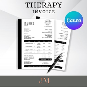 Peut inclure: Modèle de facture de thérapie noir et blanc avec le texte "Therapy Invoice" en haut. La facture comprend des sections pour le nom de l'entreprise, les coordonnées, les modes de paiement et une liste de services avec les prix.
