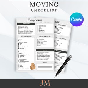 Pode incluir: Uma lista de verificação em preto e branco para mudança com o texto "Moving Checklist" no topo. A lista de verificação é dividida em seções como "Preparar com antecedência", "Fazer uma mala para passar a noite", "Notificar a mudança", "Rotular uma caixa "Abrir primeiro"