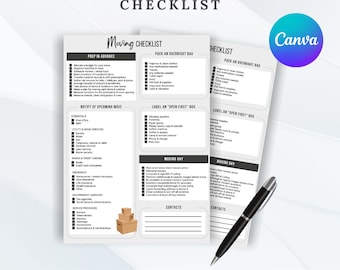 Lista de verificación para el día de la mudanza (imprimible): planificador digital personalizable - tareas editables, descarga instantánea en PDF, organizador de mudanzas.