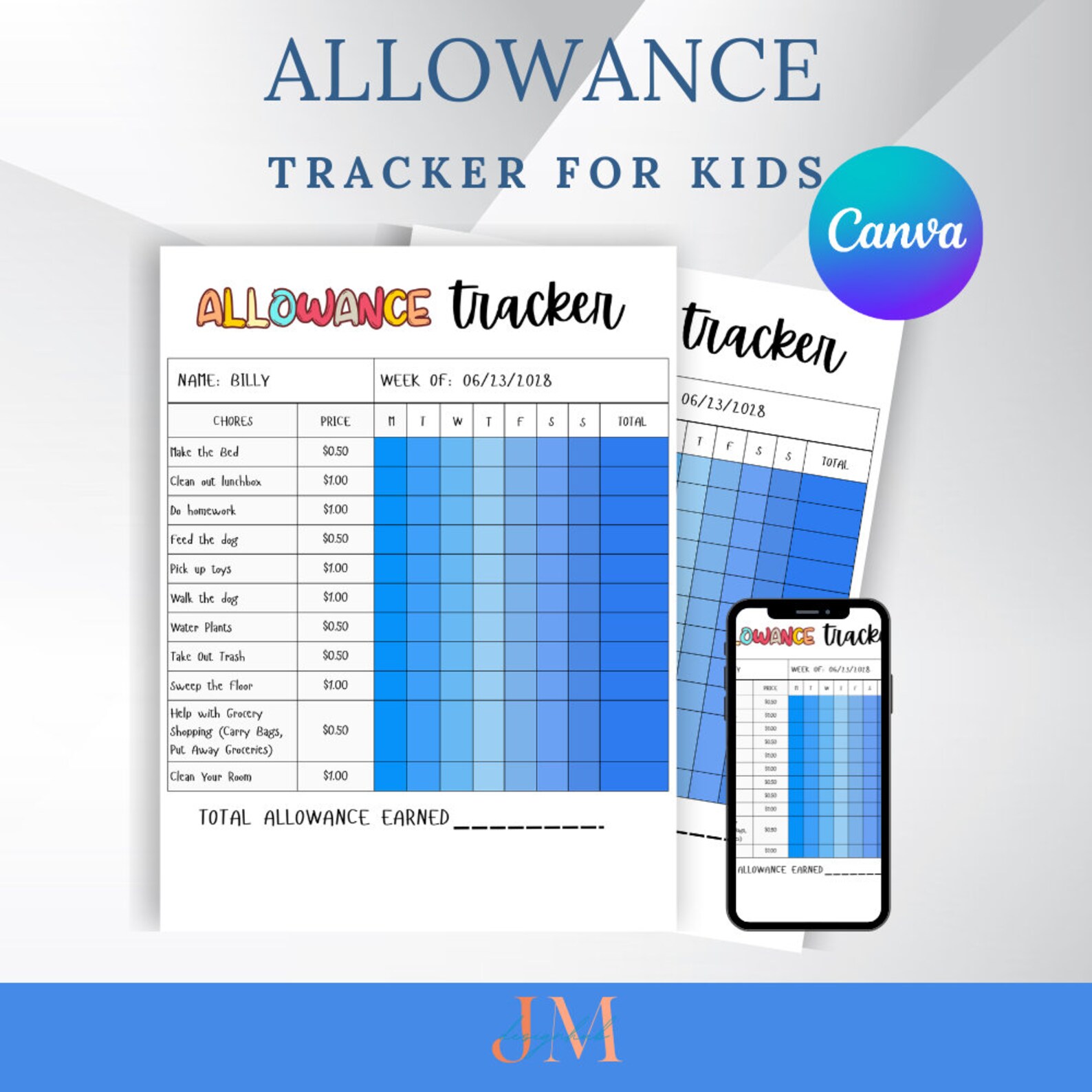 Kids Chore Chart Printable | Weekly Allowance Tracker | Reward System ...
