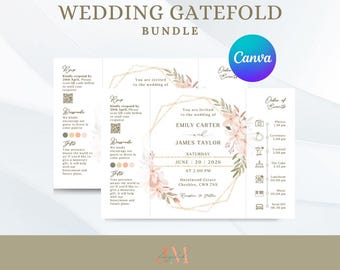 Elegant Gatefold Wedding Invitations – Customizable Canva Template with Minimalist Floral & Greenery Designs – Perfect for Your Special Day