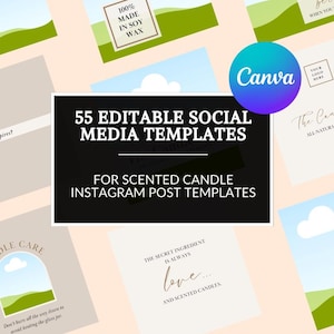 Puede incluir: Un conjunto de plantillas de redes sociales para velas perfumadas. Las plantillas presentan varios diseños con texto como "55 Plantillas de redes sociales editables" y "The Candle Co.". El logotipo de Canva también es visible.
