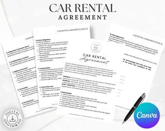 Car Rental Agreement Template: Editable Vehicle Lease Form, Professional Contract (Printable PDF, Customizable, Instant Download)