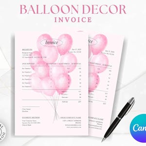 Plantilla de factura con globos, contrato de decoración con globos editable, formulario de pedido comercial, factura elegante para eventos