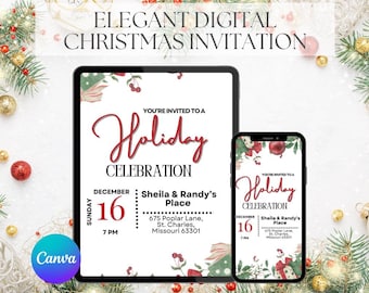 May include: Digital Christmas invitation displayed on a tablet and smartphone. The invitation features the text "Holiday Celebration" in red script, with event details including date, time, and location. The design includes festive floral and gift box accents.