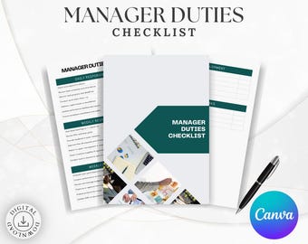 Plantilla de lista de verificación para gerentes: Lista de tareas editable e imprimible para restaurantes, deberes del supervisor (formatos Canva y PDF, registro semanal)