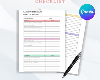 Caregiver Checklist Template | Caregiver Binder with Medication Tracker & Daily Care Log for Senior Care, Editable Home Health Planner