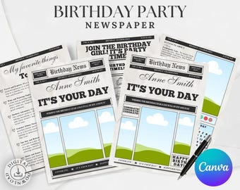 Plantilla de periódico de cumpleaños - Invitación de regalo de cumpleaños personalizada - Diseño editable en Canva, descarga digital, tamaños de póster imprimibles