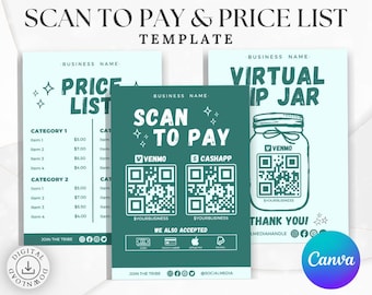 Scan To Pay Business Kit - Editable Canva Templates, QR Code Payment Signs - Price List, Tip Jar, Instant Download