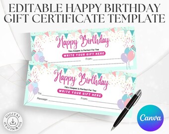 Plantilla de cupón de uso instantáneo: Diseño de certificado de regalo de cumpleaños - Editable en Canva, descarga imprimible, mensaje personalizado incluido.
