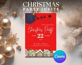 Pode incluir: Um convite vermelho para uma festa de Natal com o texto "Christmas Party Invite". O convite inclui uma ilustração em aquarela de casas e um trenó do Papai Noel. A data é 22 de dezembro.