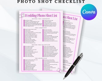 May include: A pink and white checklist for wedding photography with the title "Wedding Photo Shot List". The checklist is divided into sections for before the ceremony, the ceremony, before the reception, and the reception. Each section includes a list of photo opportunities, such as "Bride and groom getting dressed", "Bride and groom exchanging rings", and "Couple dancing".