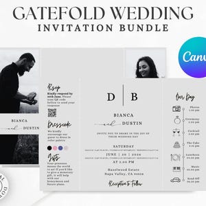 Peut inclure: Un ensemble numérique de faire-part de mariage pliables avec un design minimaliste. L'invitation présente les noms "Bianca et Dustin", les détails de l'événement et un programme. Comprend un logo Canva et une icône de téléchargement numérique.